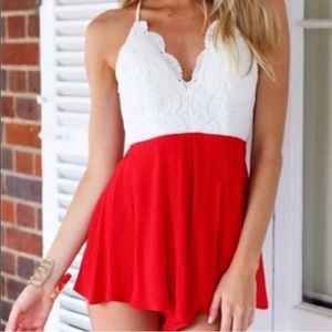 Red romper with white lace bodice